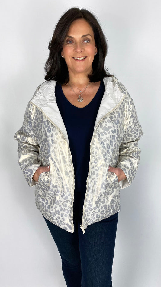 Reversible Waterproof Print Jacket | Silver Leopard/White