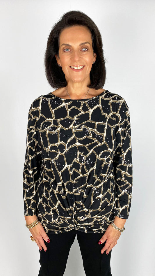 Print knot front shimmer long sleeve top | by Malissa J