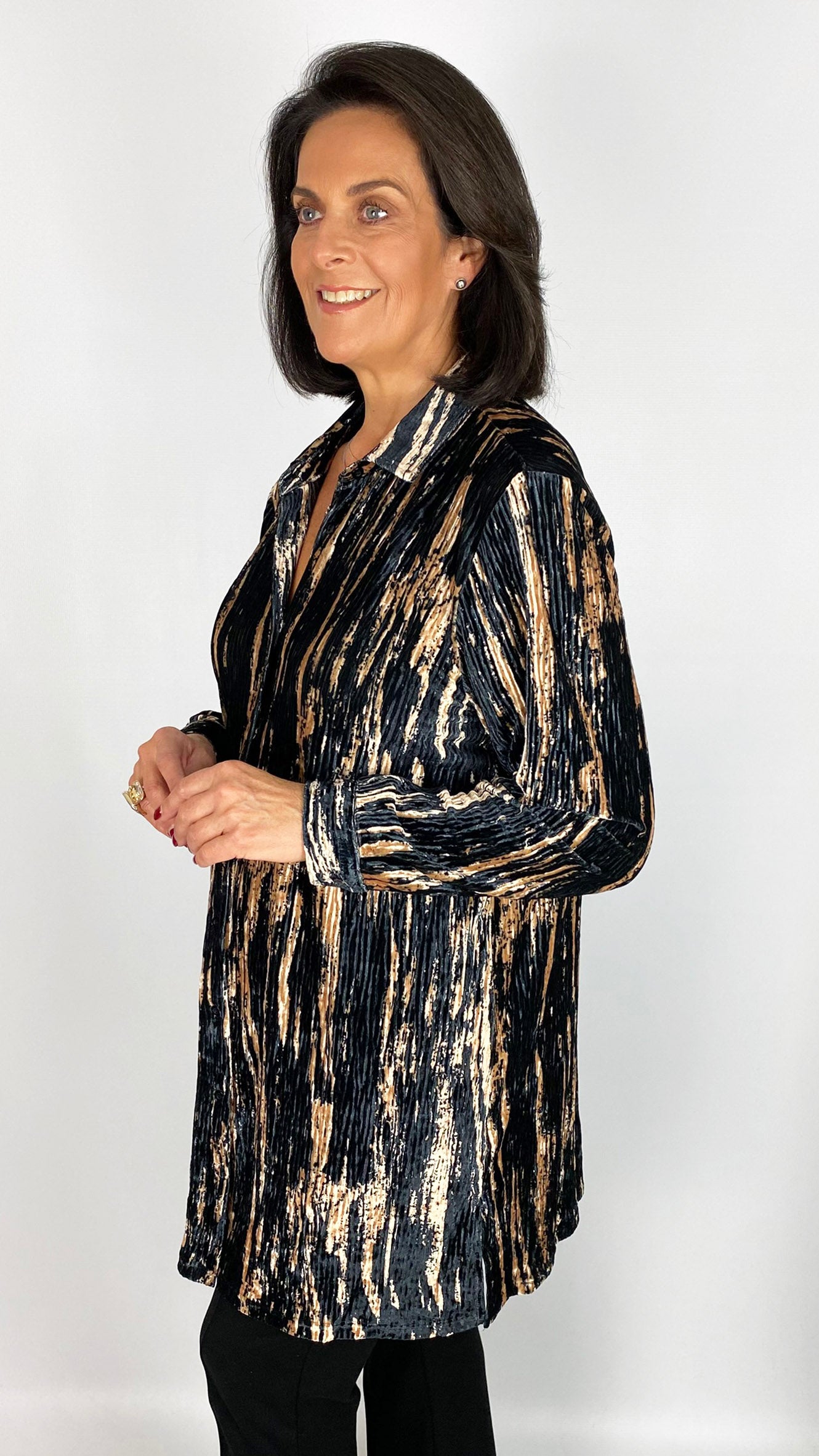 Ribbed velvet button-through longline shirt | Black/Gold | by Malissa J | last 1