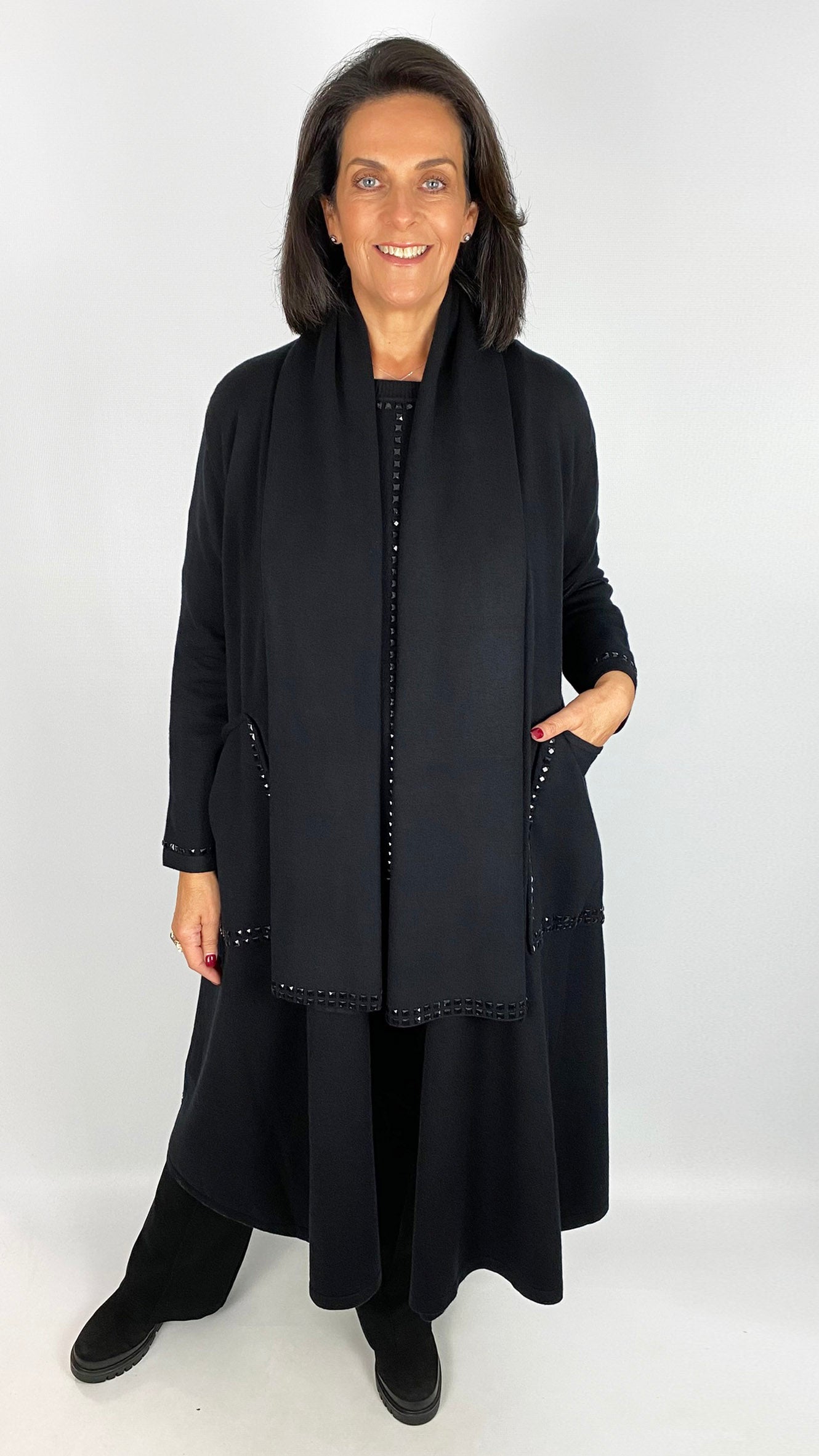Long swing coatigan w/ studded pockets & scarf | Black | by Malissa J | last 1