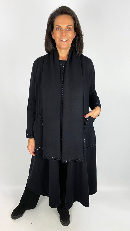 Long swing coatigan w/ studded pockets & scarf | Black | by Malissa J | last 1