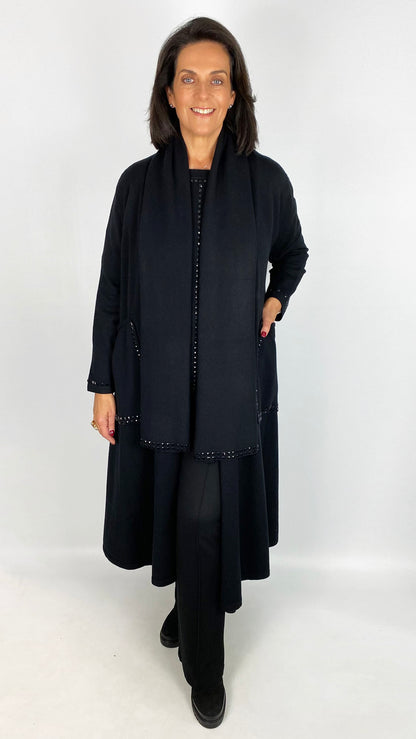 Long swing coatigan w/ studded pockets & scarf | Black | by Malissa J | last 1