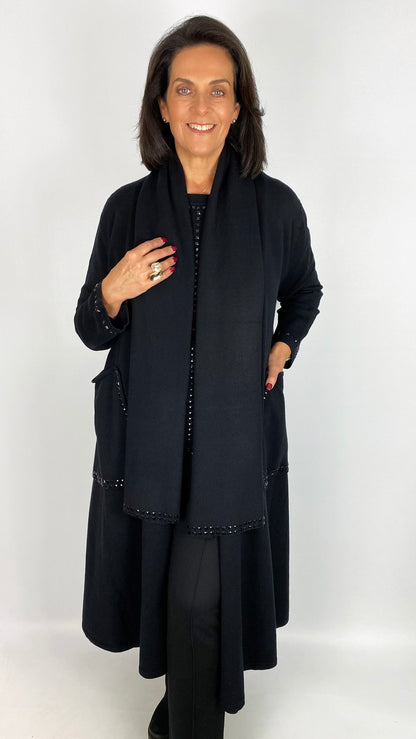 Long swing coatigan w/ studded pockets & scarf | Black | by Malissa J | last 1