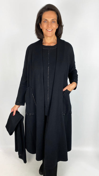 Long swing coatigan w/ studded pockets & scarf | Black | by Malissa J | last 1
