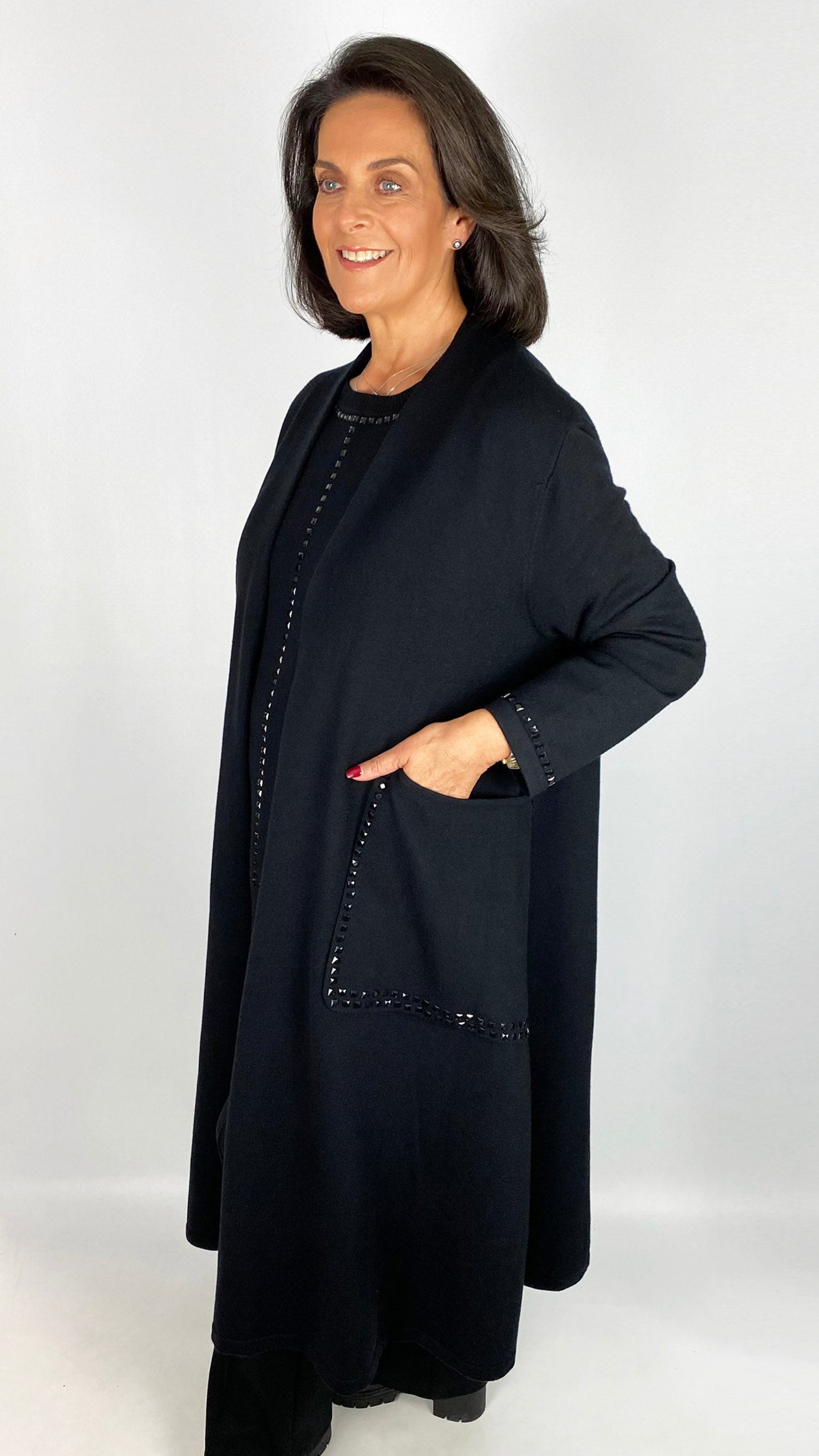 Long swing coatigan w/ studded pockets & scarf | Black | by Malissa J | last 1