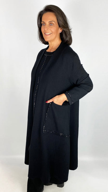 Long swing coatigan w/ studded pockets & scarf | Black | by Malissa J | last 1