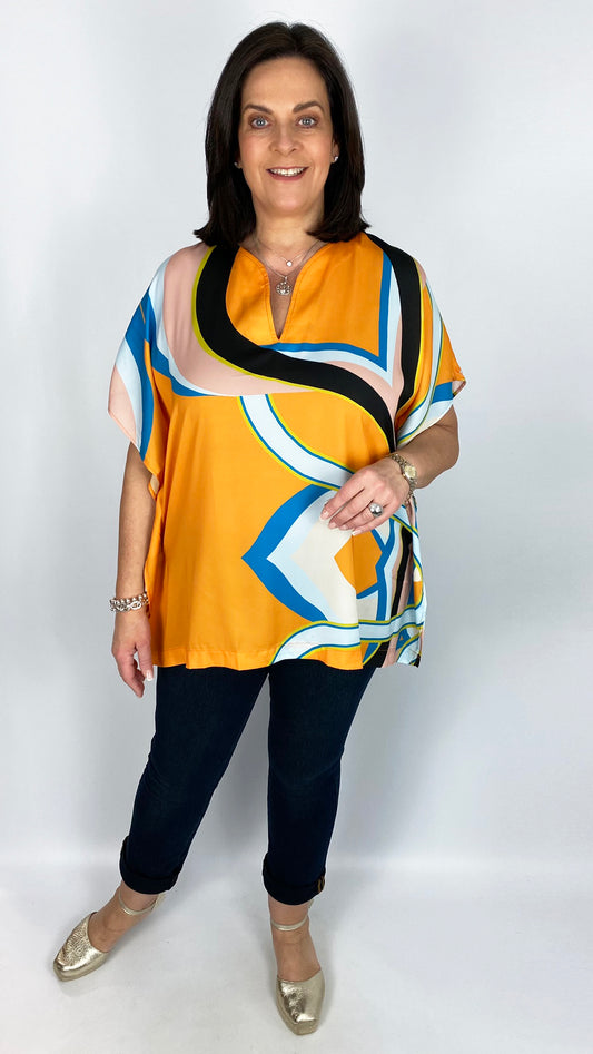 Short sleeve v-neck square cut print blouse by Mat (Orange Multi) - last 1