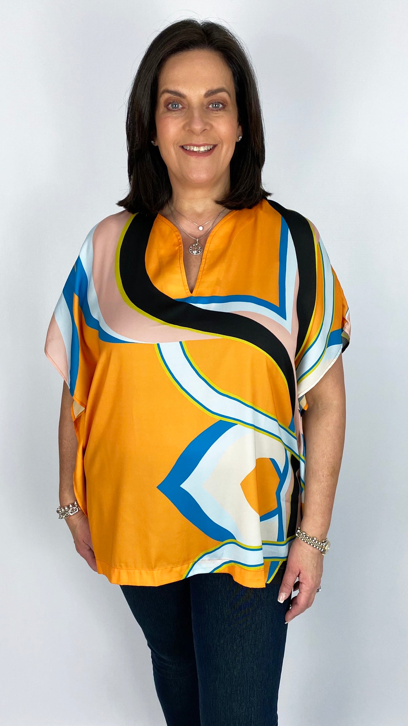 Short sleeve v-neck square cut print blouse by Mat (Orange Multi)