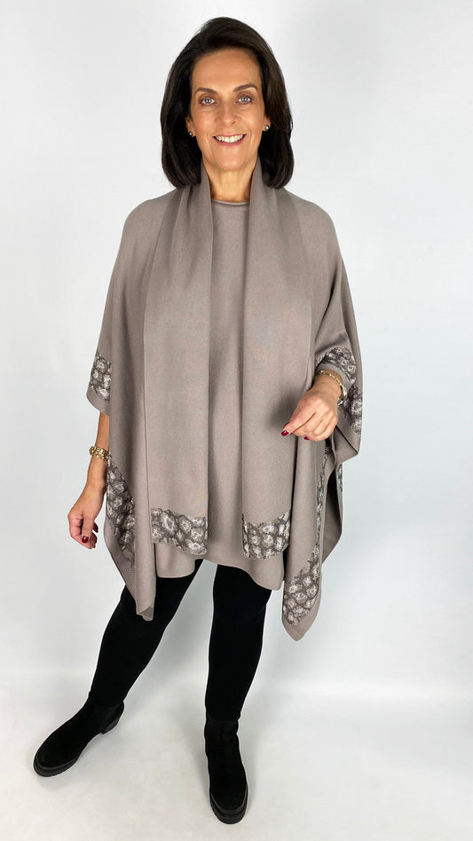 Leopard stud border poncho top & scarf set | Stone | by Malissa J