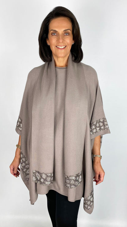 Leopard stud border poncho top & scarf set | Stone | by Malissa J