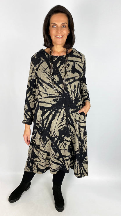 Print dipped sides long sleeve dress | Stone/Black | by Malissa J