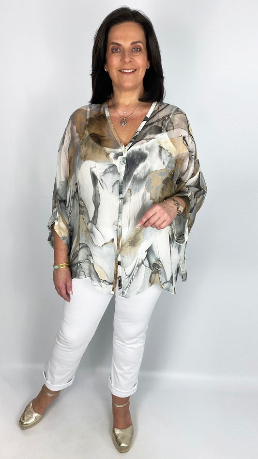 Marble silk button-through blouse & cami set (Beige/Grey)