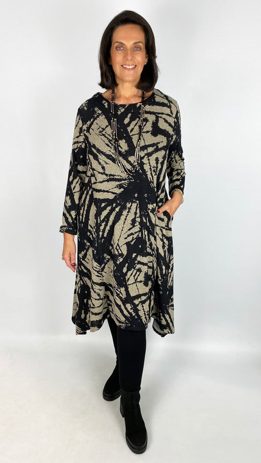 Print dipped sides long sleeve dress | Stone/Black | by Malissa J