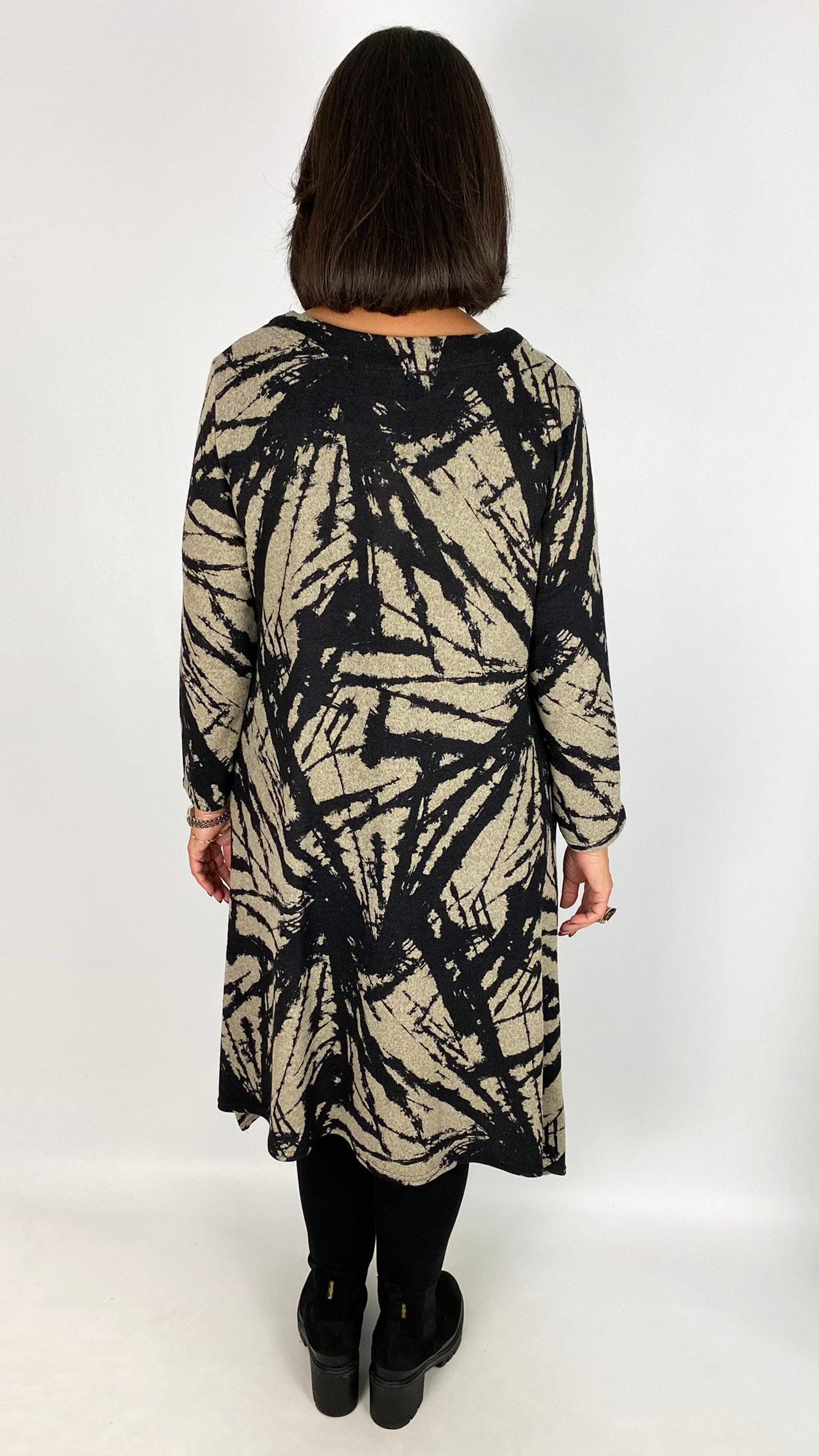Print dipped sides long sleeve dress | Stone/Black | by Malissa J