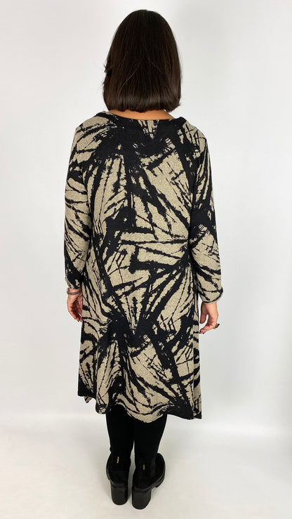 Print dipped sides long sleeve dress | Stone/Black | by Malissa J