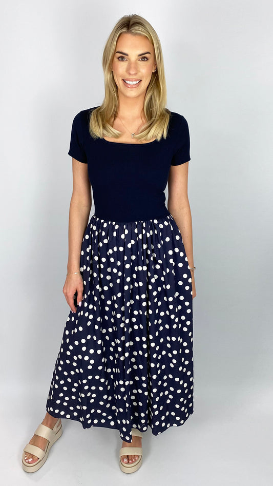 Jersey bodice polka dot pocket dress | 2 Colours