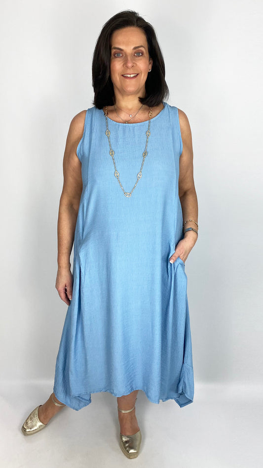 Rayon-mix sleeveless pocket dress (Sky Blue)