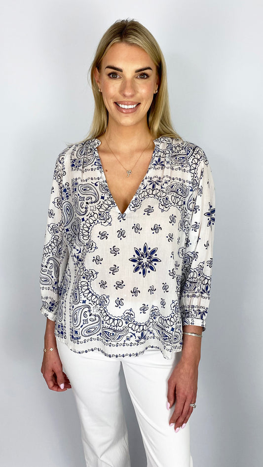 Bandana print deep v-neck blouse by Lara Ethnics | 2 Colours