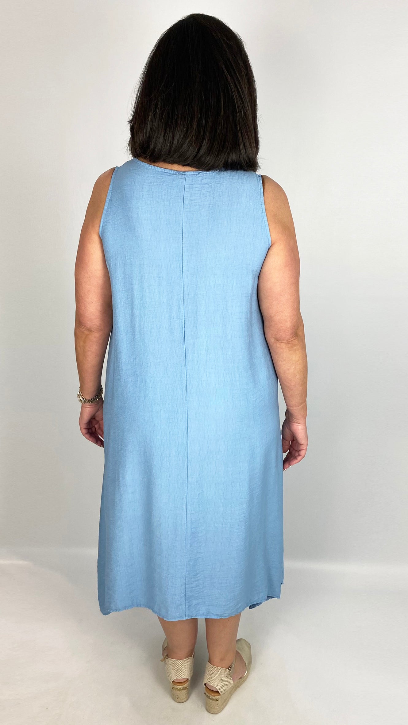 Rayon-mix sleeveless pocket dress (Sky Blue)