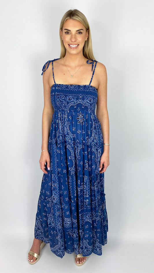 Shirred bust strappy maxi dress by Lara Ethnics | Blue Denim Bandana