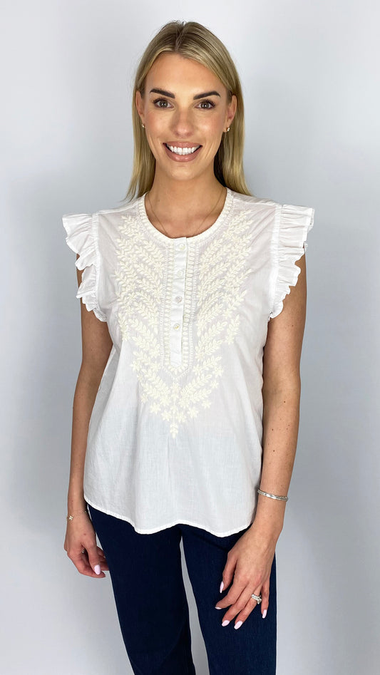 Frill sleeve embroidered detail top by Lara Ethnics | 2 Colours