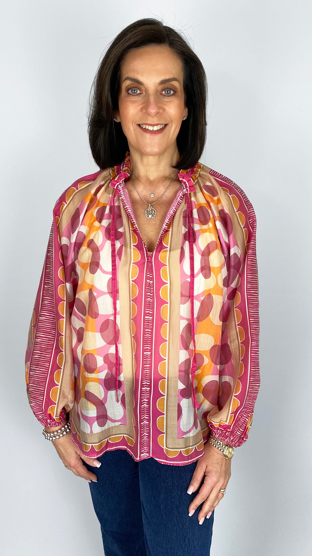 Print tie-or-not ruched neck blouse | 3 Colours | last 1s