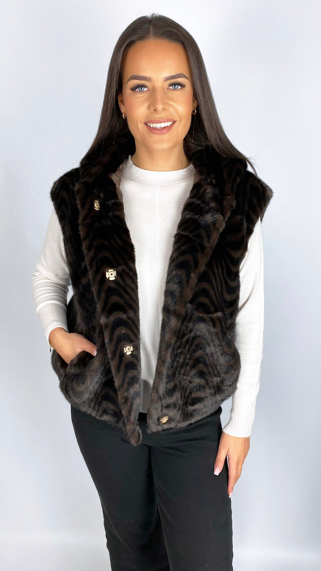 Hooded faux fur gilet | Swirl | by Malissa J