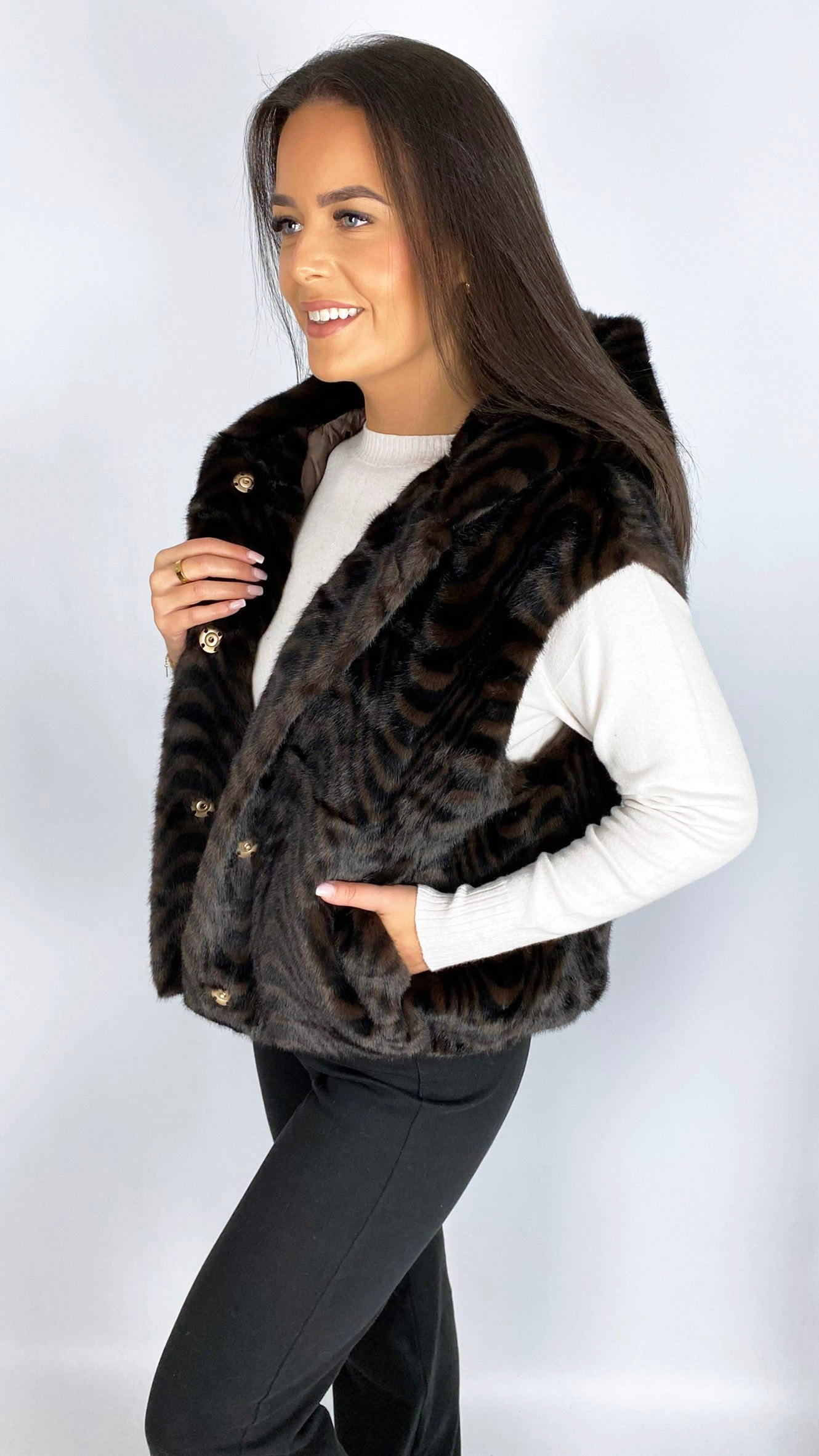 Hooded faux fur gilet | Swirl | by Malissa J