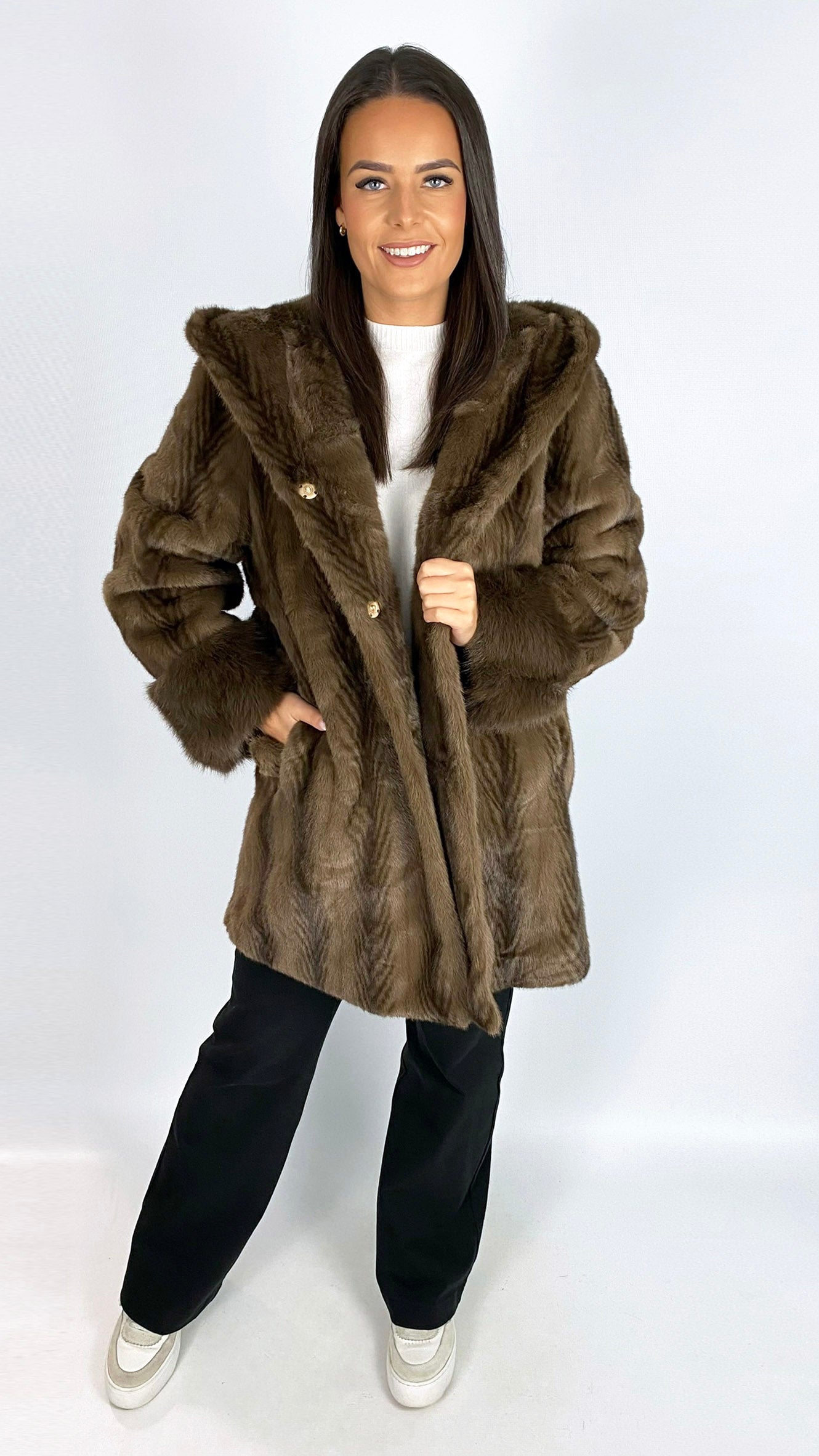 Feathered faux fur hooded midi jacket | Brown | by Malissa J