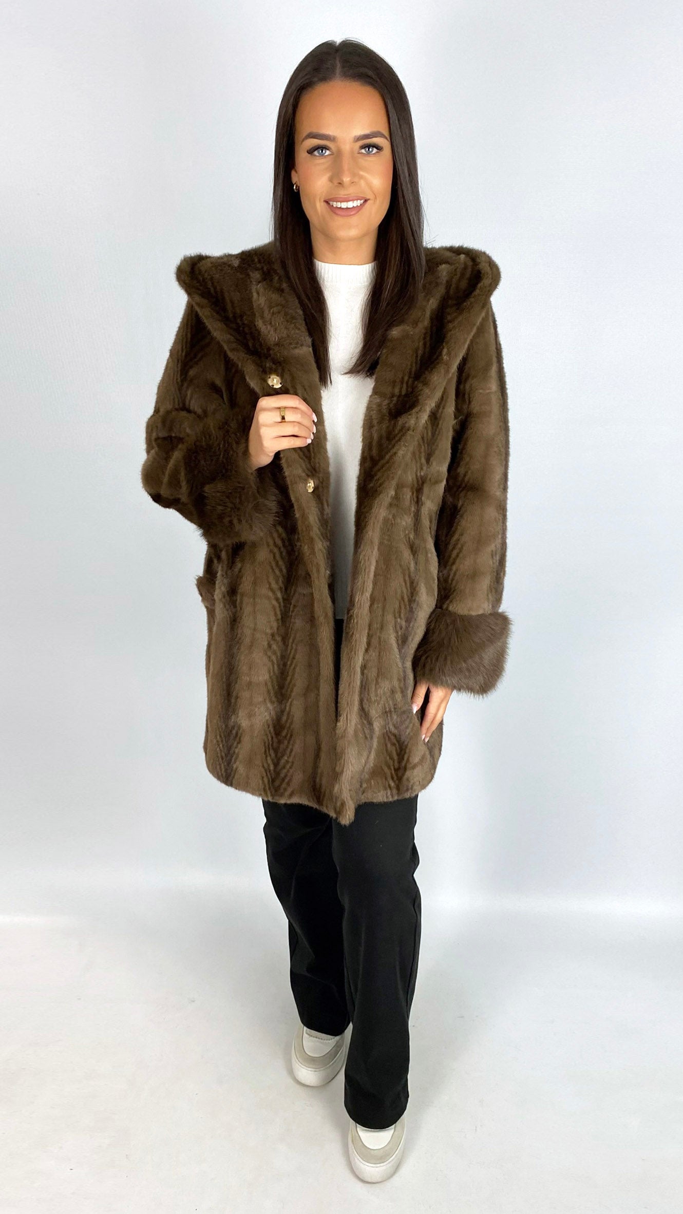 Feathered faux fur hooded midi jacket | Brown | by Malissa J