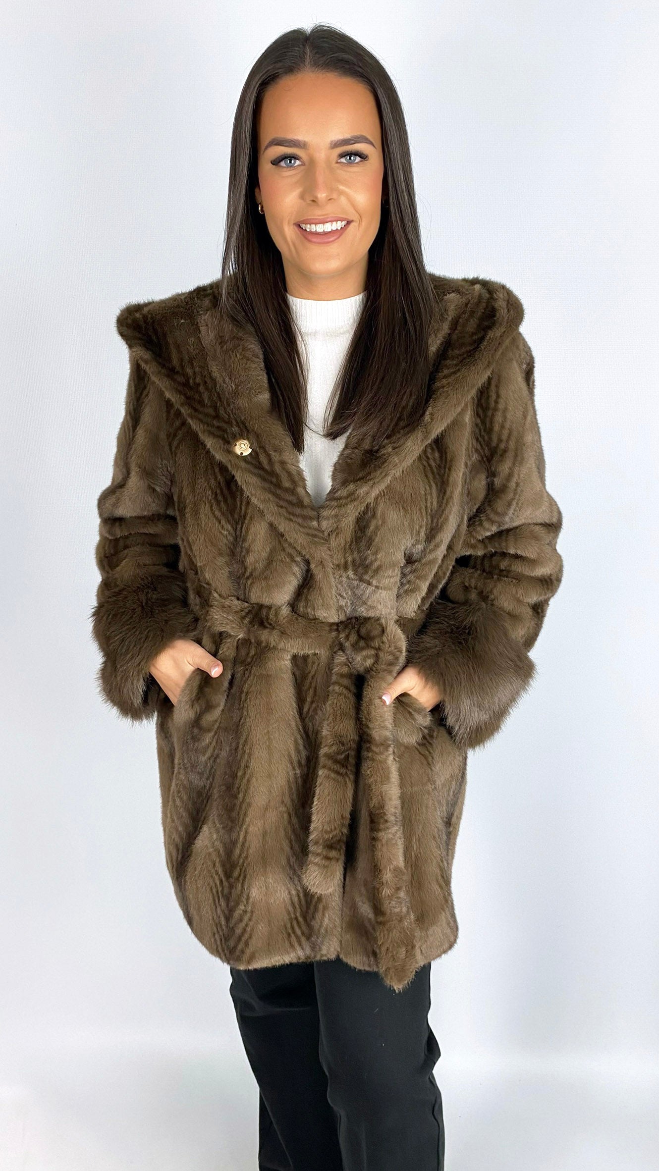Feathered faux fur hooded midi jacket | Brown | by Malissa J