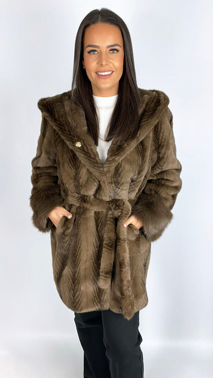 Feathered faux fur hooded midi jacket | Brown | by Malissa J