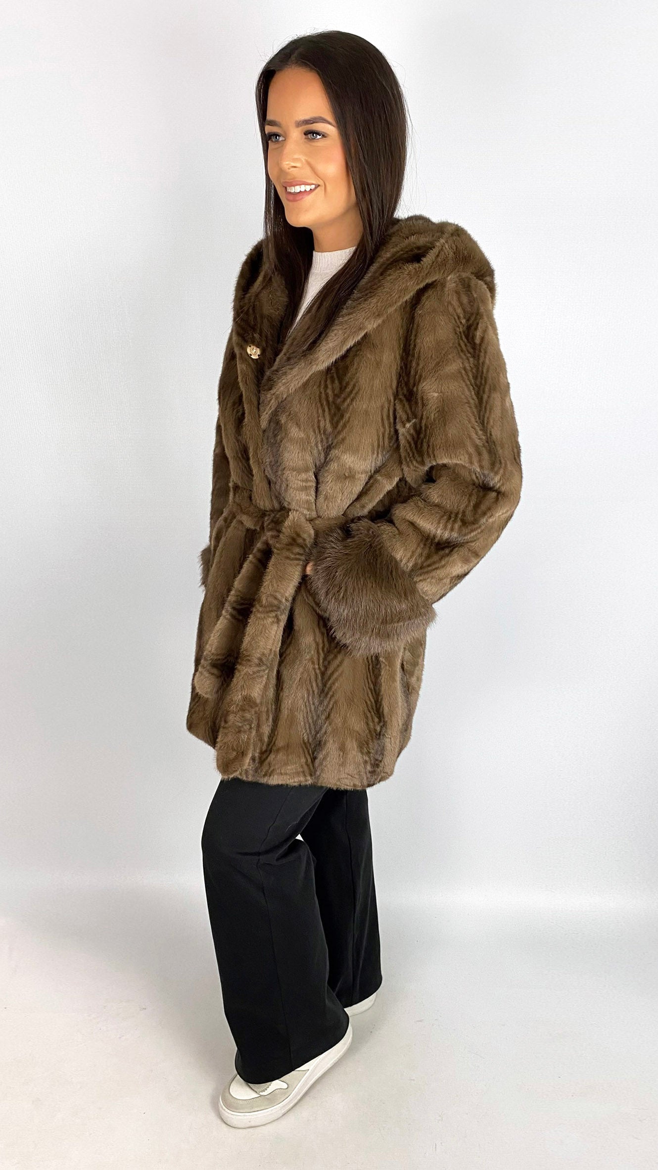 Feathered faux fur hooded midi jacket | Brown | by Malissa J