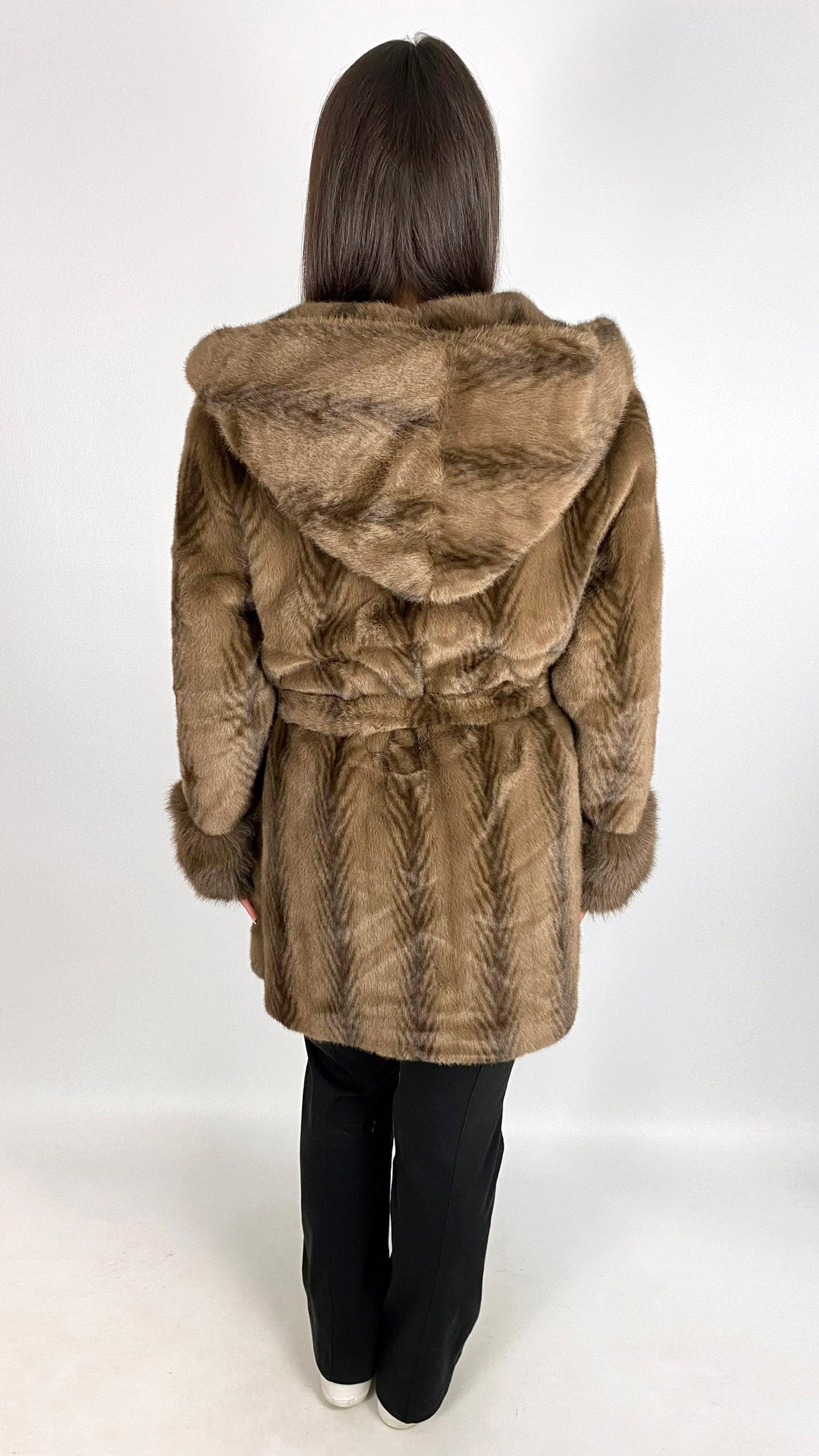Feathered faux fur hooded midi jacket | Brown | by Malissa J