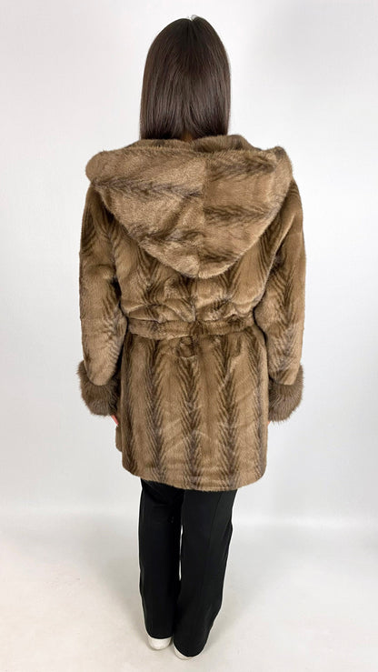 Feathered faux fur hooded midi jacket | Brown | by Malissa J