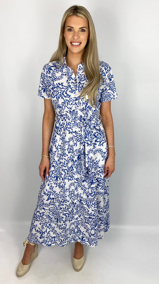 Penelope broderie anglaise belted shirt dress by Goa (Blue/White)
