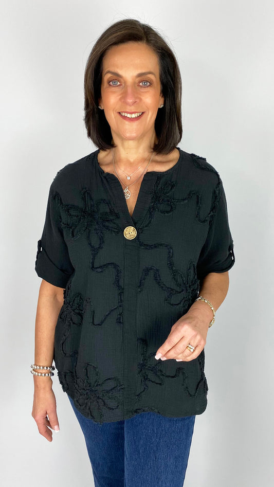 Embossed flower feature button cheesecloth top | 8 Colours | last 1s
