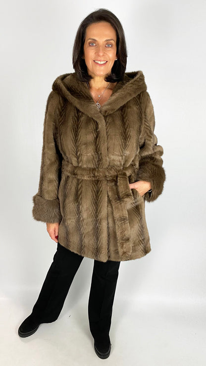 Feathered faux fur hooded midi jacket | Brown | by Malissa J