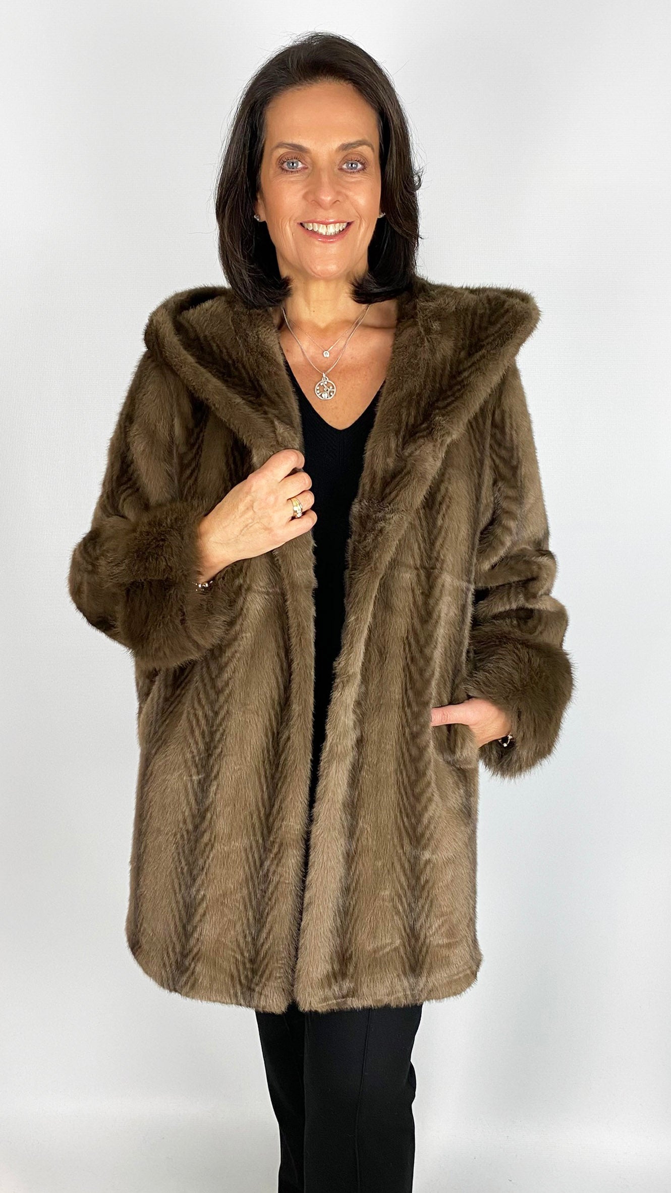 Feathered faux fur hooded midi jacket | Brown | by Malissa J