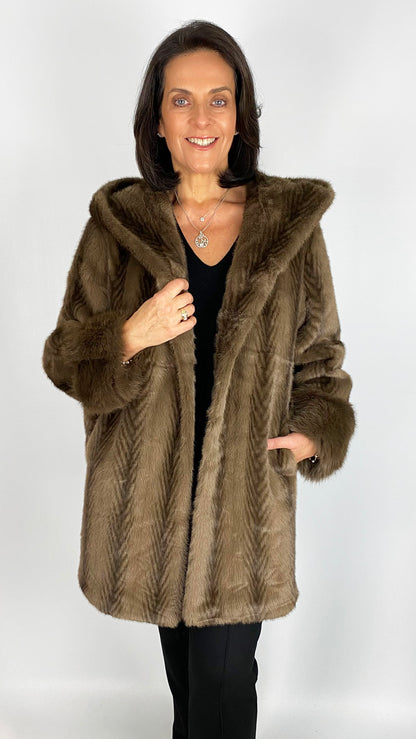 Feathered faux fur hooded midi jacket | Brown | by Malissa J