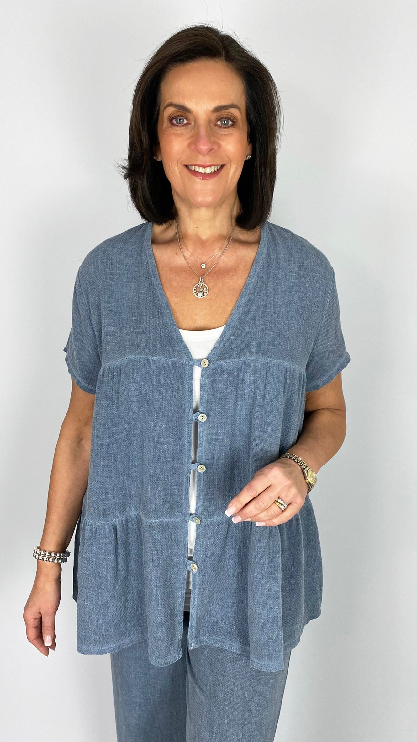 Cotton & linen mix tiered button through top | 6 Colours | last 1s