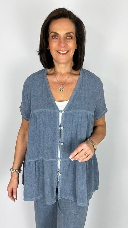 Cotton & linen mix tiered button through top | 6 Colours | last 1s