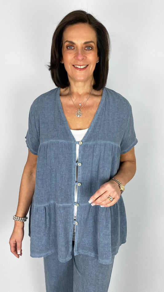 Cotton & linen mix tiered button through top | 6 Colours | last 1s