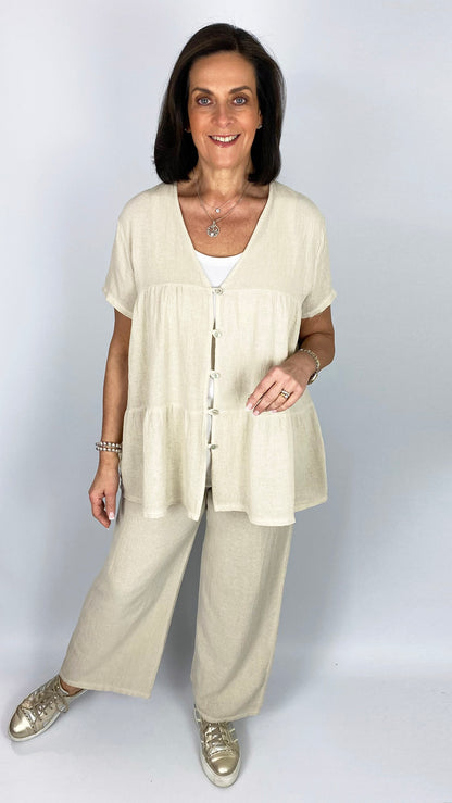 Cotton & linen mix tiered button through top | 6 Colours | last 1s