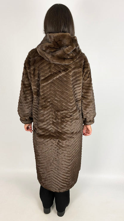 Ribbed faux fur long hooded coat | Brown | by Malissa J
