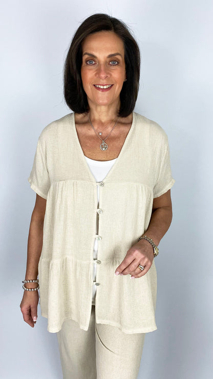 Cotton & linen mix tiered button through top | 6 Colours | last 1s