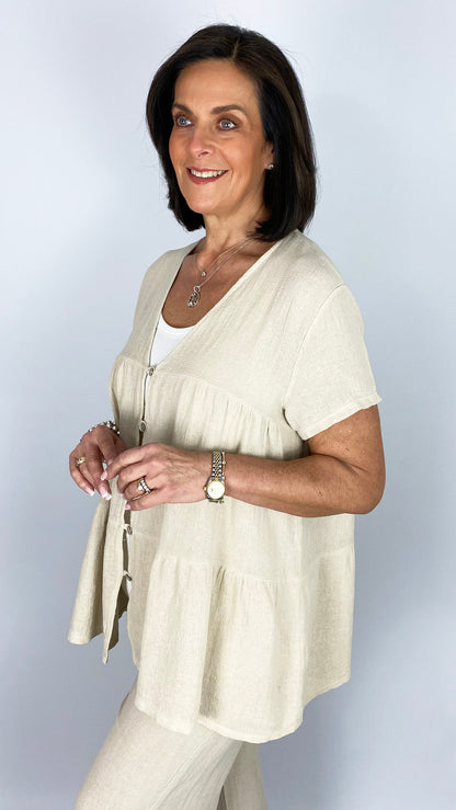 Cotton & linen mix tiered button through top | 6 Colours | last 1s