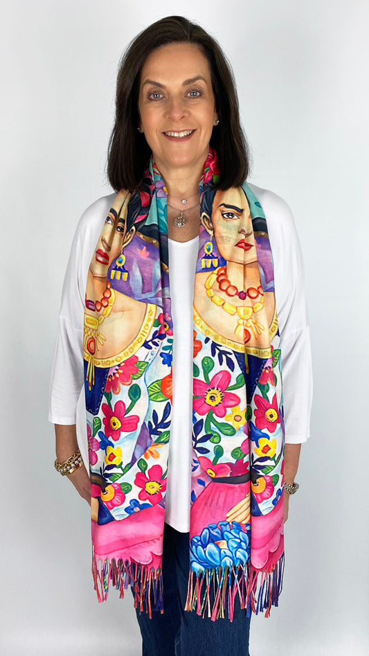 Reversible Frida Kahlo print Scarf | Aqua Multi | by Malissa J