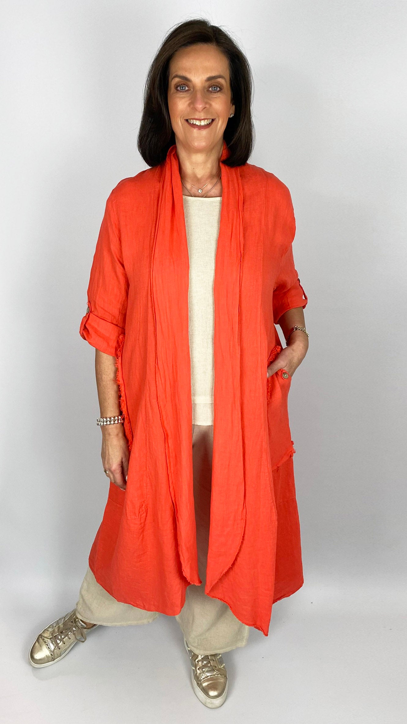 Linen long edge-to-edge jacket | 2 Colours
