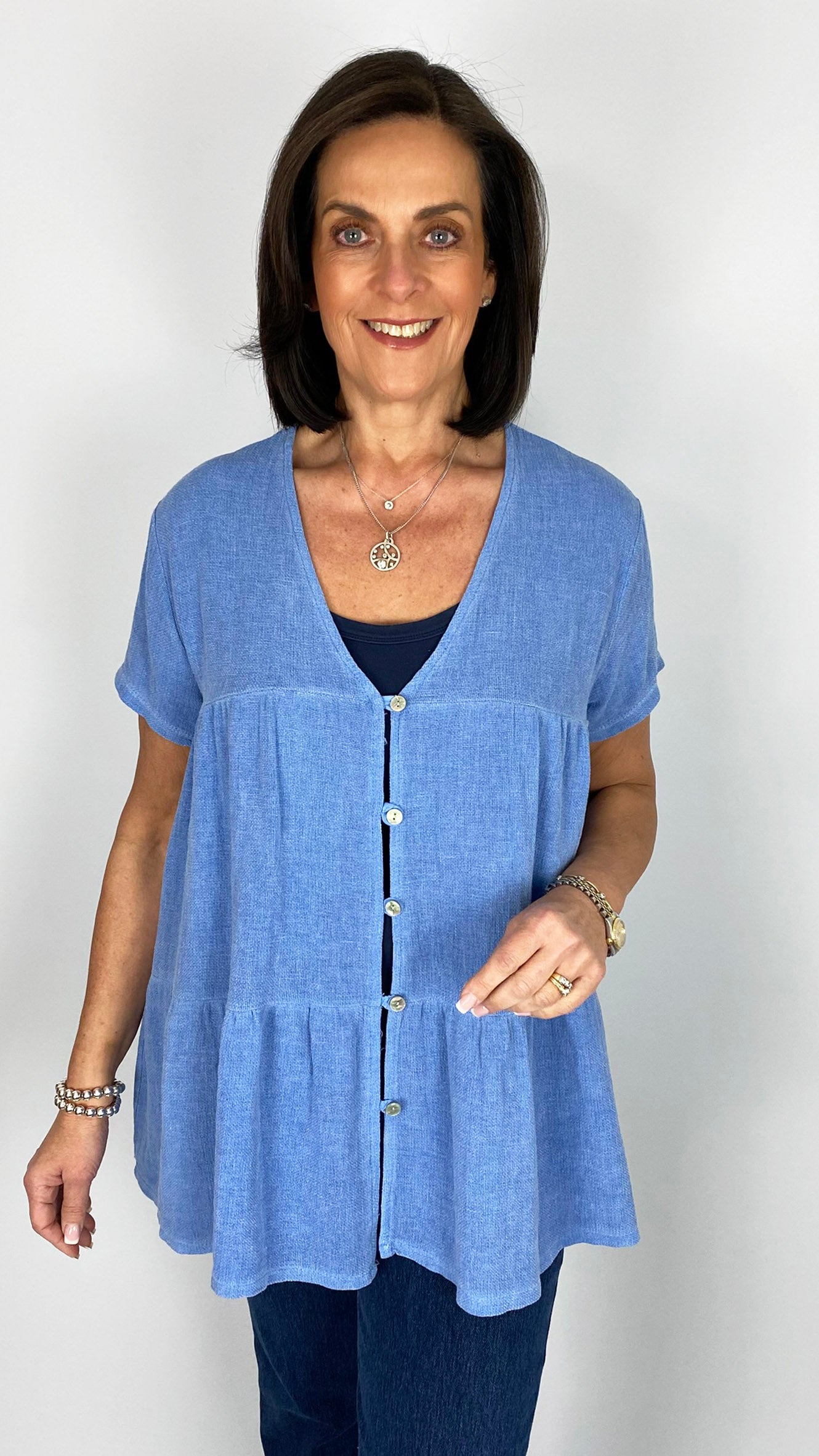 Cotton & linen mix tiered button through top | 6 Colours | last 1s